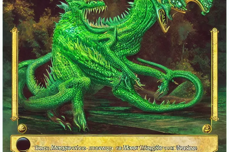 Image similar to a giant monster royal basilisk, gold green creature, magic : the gathering