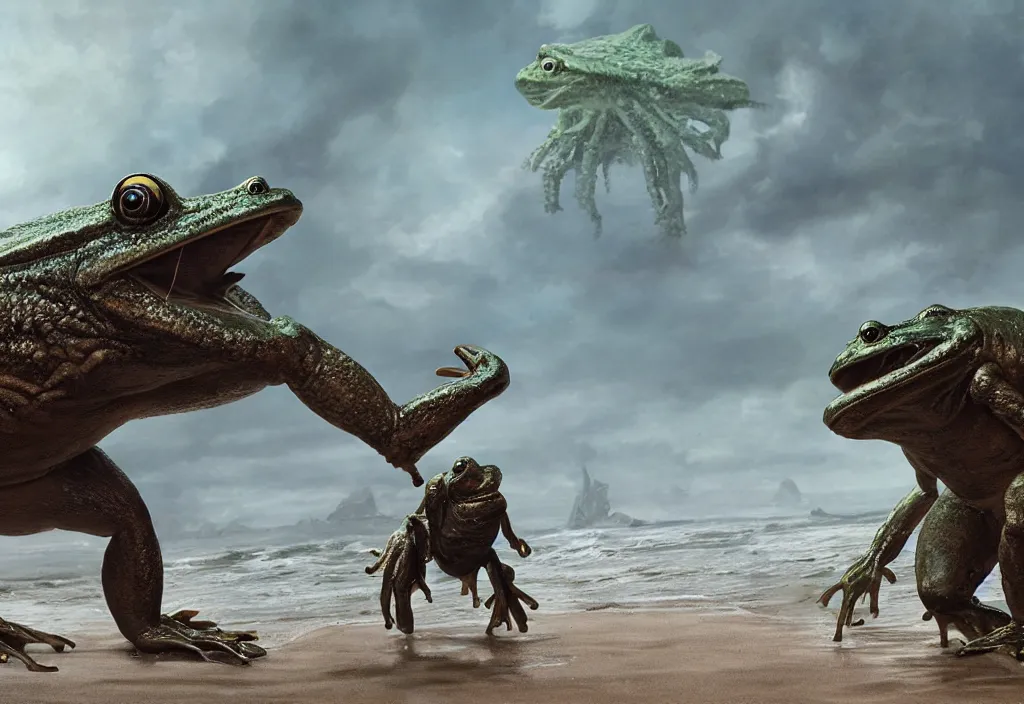 Prompt: giant frog monster on the beach, fantasy boss battle, eldritch horror, character art by Greg Rutkowski, 4k digital render
