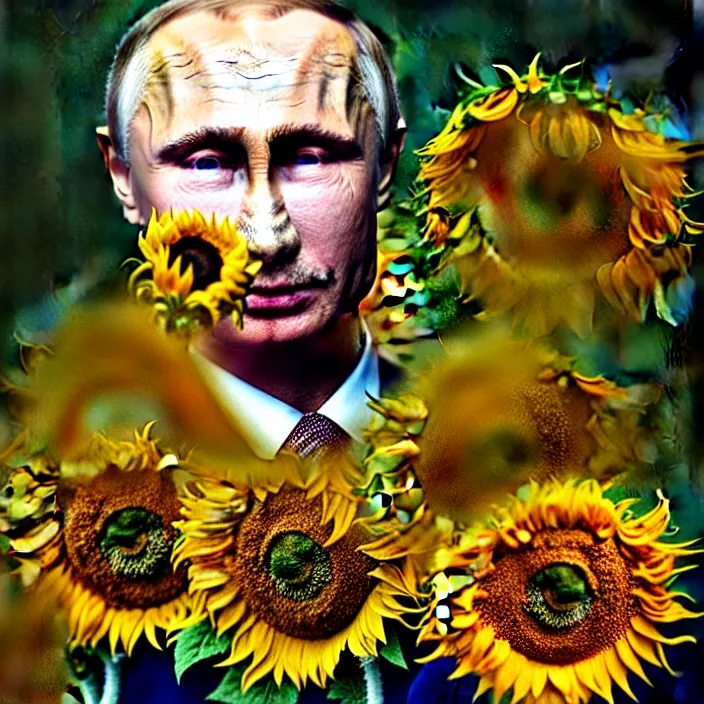 Image similar to photo portrait of Putin - sunflowers - dressed in leisure shirt with ornamental ethereal sunflower pattern, natural skin tone, raging war and explosions in the background, face is highly detailed, elegant, Realistic, Refined, Highly Detailed, natural soft pastel lighting colors scheme, fine art photography by Cecil Beaton, volumetric lighting, hyper realistic photography