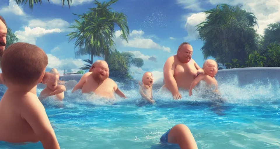 Image similar to digital art painting of exactly three brothers and their slightly overweight father in a swimming pool , unreal 5, DAZ, hyperrealistic, octane render, volumetric clouds dynamic lighting