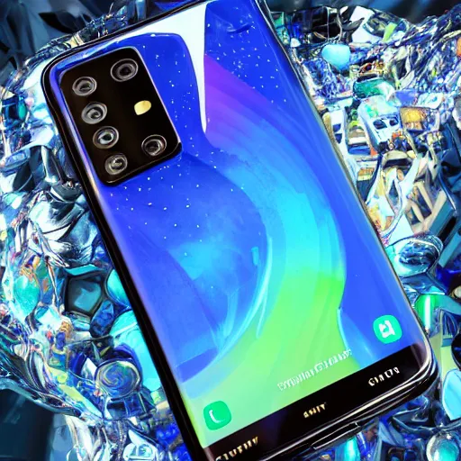 Image similar to galaxy s 2 1 ultra, paper - mache, cinematic, 4 k, spotlight, studio lighting, ray tracing global illumination, shiny, icy, ray tracing reflections, insanely detailed and intricate, hypermaximalist, elegant, ornate, hyper realistic, super detailed