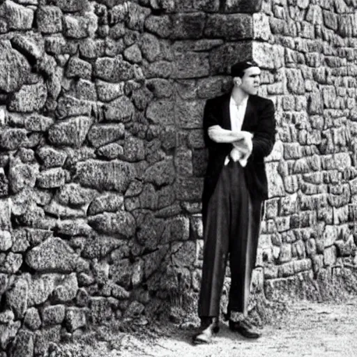 Prompt: Still of a movie set in the 1930s where a young man with long hair is backed against a stone wall looking utterly panicked