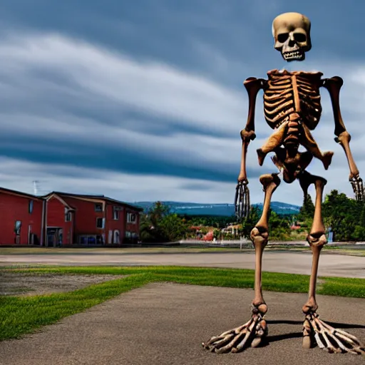 Image similar to a high resolution realistic photo of a giant skeleton standing in a small town, the photo was taken from a plane, ultra high detail, realistic.