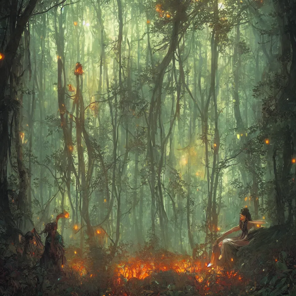 Image similar to forest, overdetailed art, by greg rutkowski, by alfons mucha, complementing colors, magic, colorful lights, fireflies, detailed illustration