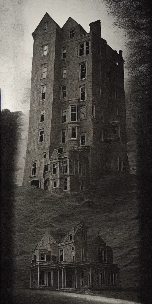 Image similar to Hill House, not sane, stood by itself against its hills, holding darkness within; it had stood so for eighty years and might stand for eighty more. Within, walls continued upright, bricks met neatly, floors were firm, and doors were sensibly shut; silence lay steadily against the wood and stone of Hill House, and whatever walked there, walked alone