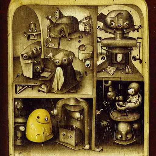 Prompt: An occult machine making copies of a funny little creature by Hieronymus Bosch