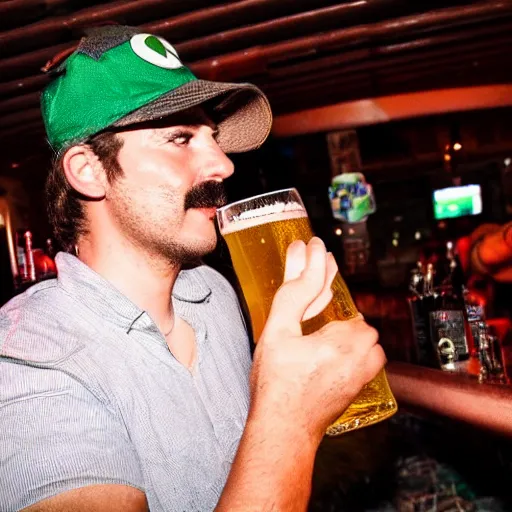 Prompt: Mario drunk and drinking beer in a bar at night, photography