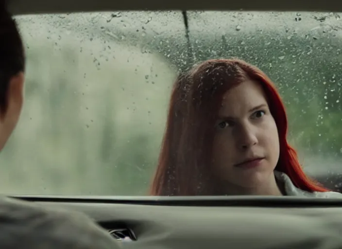 Image similar to A very high resolution image from a new movie, inside of a car, teen red hair woman, raining, hot, directed by wes anderson