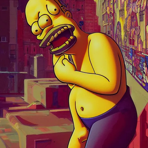 Prompt: Graffiti of a homer simpson, intricate, highly detailed, digital painting, artstation, smooth, sharp focus, illustration, art by artgerm and greg rutkowski and alphonse mucha