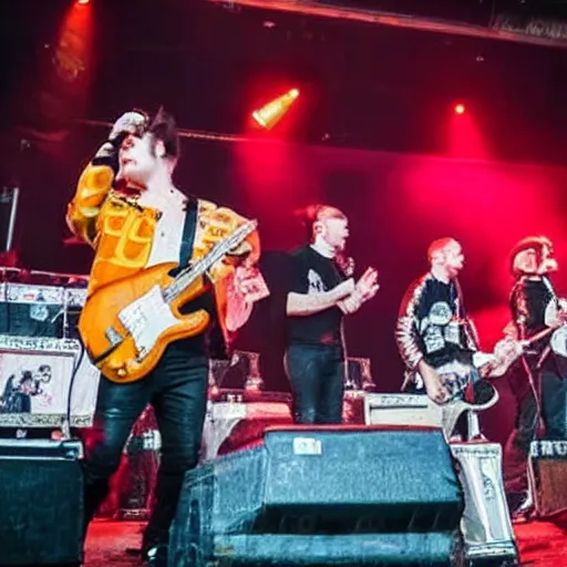 Prompt: corgi on concert of Russian rock group with tons of beer