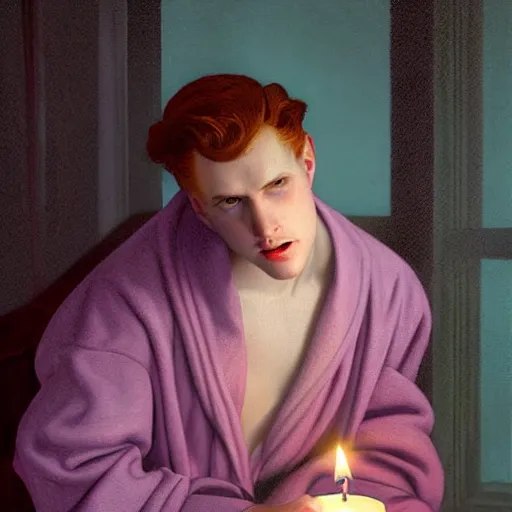 Image similar to daek gloomy shadows on the walls candle lighting, young beautiful man with reddish hair in lilac dressing gown holds a candle at night, creepy shadows crawling on the walls, highly detailed, digital art, Renaissance painting, by Leyendecker, by Rutkowsky,