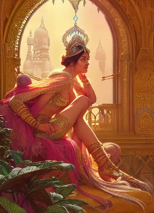 Image similar to an indian princess relaxing in her palace, shiny, fantasy, intricate, elegant, hyper detailed, ultra definition, photoreal, artstation, unreal engine rendered, concept art, smooth, sharp focus, illustration, art by artgerm and greg rutkowski and alphonse mucha and garis edelweiss