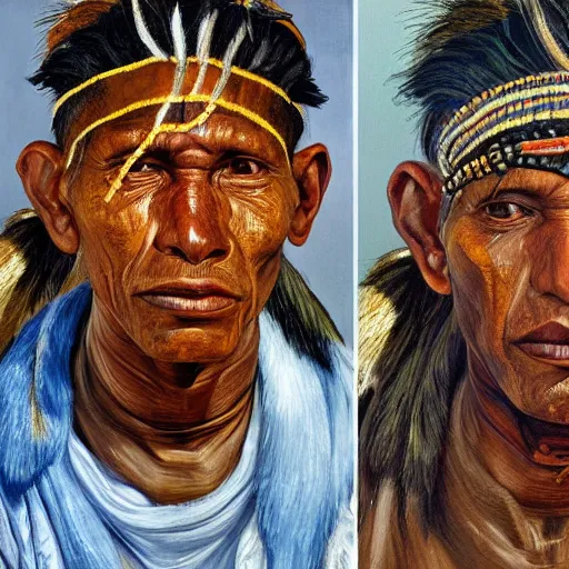 Image similar to high quality high detail painting by lucian freud, hd, portrait of a indigenous tribe man, photorealistic lighting