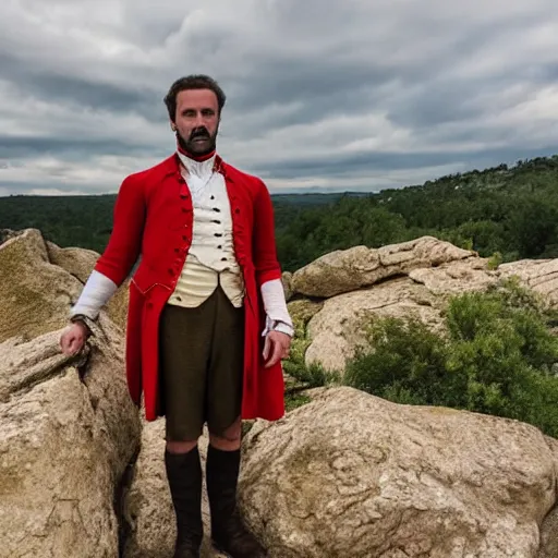 Prompt: a man standing on a rock,the sky is red and the man is wearing 1800s historical clothes,8k quality