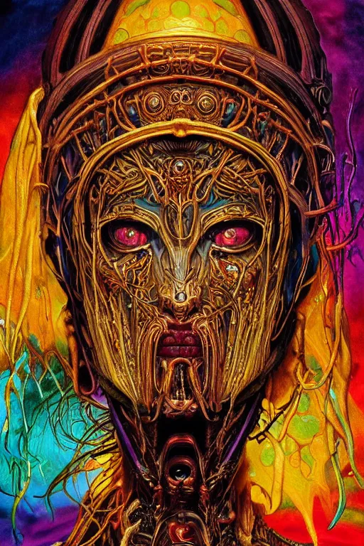 Prompt: Elden Ring and psychedelic themed painting of majestic chromatic biomechanical anatomical human demon king pharaoh ceremonial bloodstained mask closeup face, golden ratio concept, Neo-Gothic concept, infinity hieroglyph waves, intricate artwork masterpiece, very coherent artwork, cinematic, full frontal facial features by Artgerm, art by H.R. Giger, Joseph Michael Linsner, Alex Grey, Johnatan Wayshak, Moebius, Ayami Kojima, very anatomically coherent artwork, trending on cgsociety, ultra high quality model, production quality cinema model, high detail chromatic ink outline, octane render, unreal engine 8k, hyper realism, high detail, octane render, unreal engine, 8k, High contrast