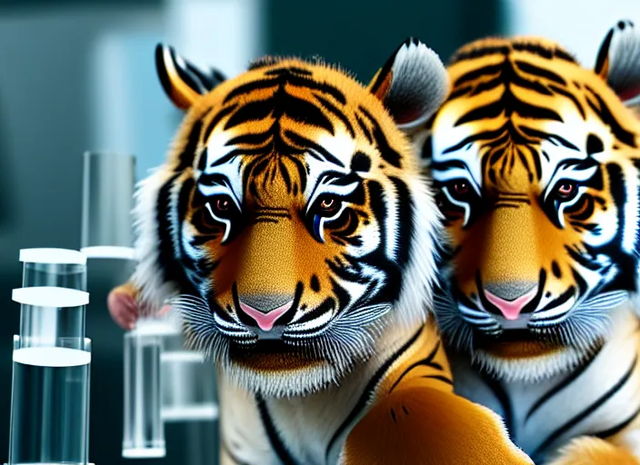 Prompt: film still of a tiger cub working in a research lab filling test tubes, 8 k