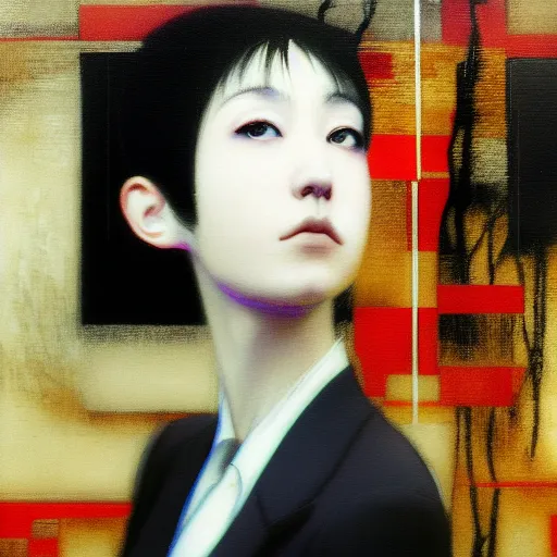 Image similar to yoshitaka amano blurred and dreamy realistic three quarter angle portrait of a young woman with short hair and black eyes wearing office suit with tie, junji ito abstract patterns in the background, satoshi kon anime, noisy film grain effect, highly detailed, renaissance oil painting, weird portrait angle, blurred lost edges