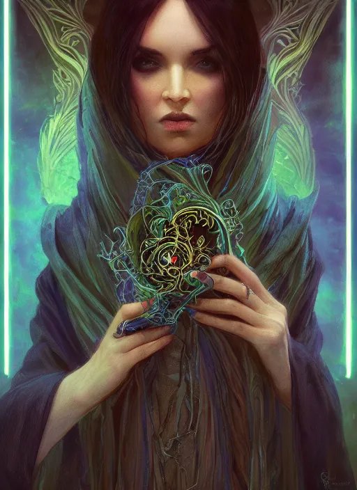 Image similar to book cover, front portrait, dark witch with black hood and evil eyes, realism, soft, smooth, luminescent, art nouveau tarot, backlit glow, colorful swirly ripples, gaudy colors, aesthetic octane render, unreal engine, 8 k, by artgerm, greg rutkowski, alphonse mucha