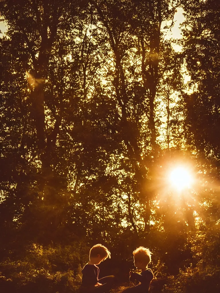 Prompt: a boy and a girl side by side, posing for a picture, a strong light behind their faces, god rays, nostalgic, night, some trees in the background, old polaroid, dramatic reddish light, atmospheric