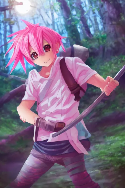 Image similar to a beautiful fullbody portrait of a cute male anime boy with pink hair, wearing a cool outfit, barefoot, wielding a sword in battle position, in a forest, at night. ambient occlusion, volumetric light, detailed, realistic, fantasy character, rendered in octane