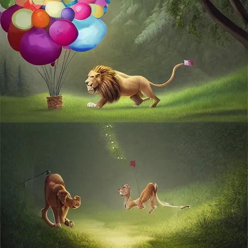 Prompt: lion run through the forest and see a birthday ribbons and balloons , concept art, huge scale, high details by Evgeniy Antonenkov