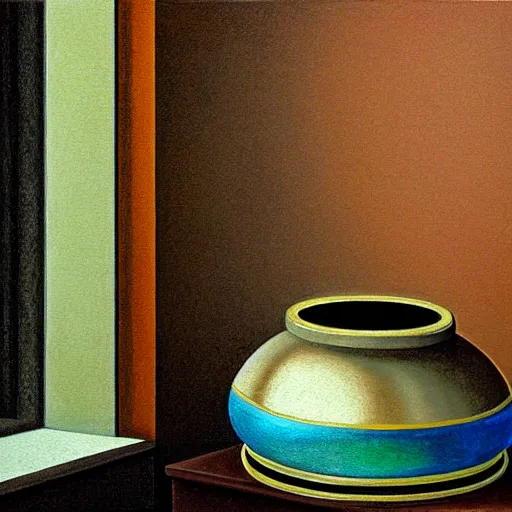 Image similar to still life painting of a room with a balcony and a pedestal displaying an ancient holy artifact, shaped like torus ring, chromed and ornate with gentle iridescent shine from within. the ring lays on top of a pedestal. perspective from the side. realistic light and shadows. moody fantasy art, still life renaissance pastel painting. close up