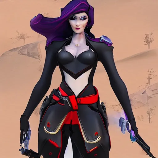 Image similar to widowmaker overwatch in the desert riding on a horse, black and red jacket, collar around neck, very detailed face, feminine face, full body