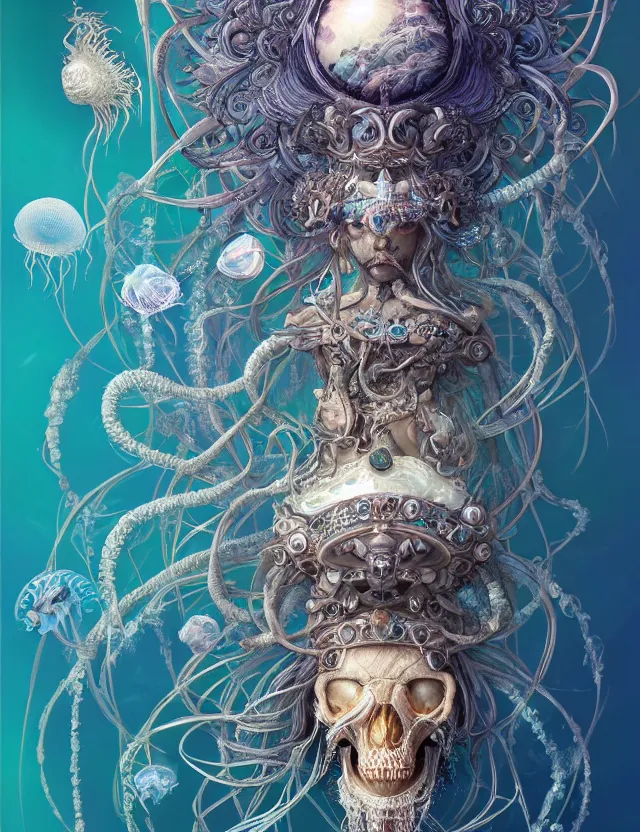 Image similar to goddess macro shouler portrait from bottom to top in crown made of ram skull. betta fish, jellyfish phoenix, bioluminiscent, plasma, ice, water, wind, creature, super intricate ornaments artwork by tooth wu and wlop and shofff and greg rutkowski