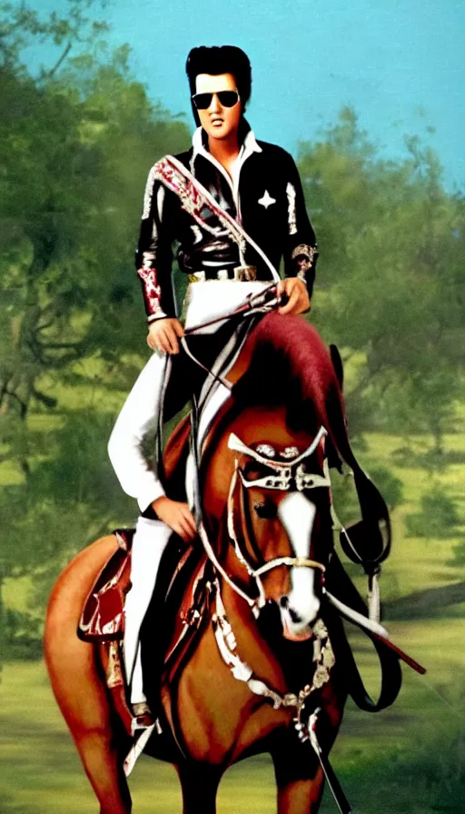 Image similar to elvis on horseback, screenshot from bollywood muscial,, realistic colour palette by