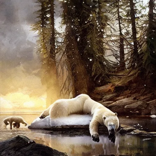 Prompt: scientific oil painting of polar bear catching a fish by anders zorn, wonderful art by greg rutkowski, incredible lighting, shadows, beautiful cinematic light