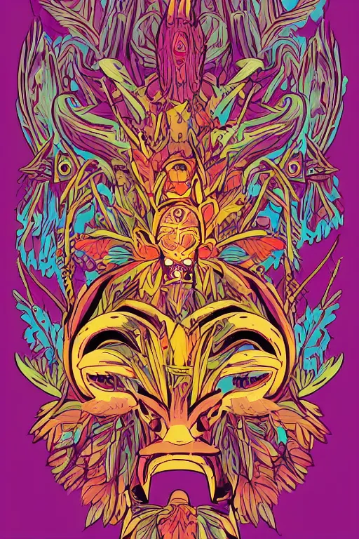 Image similar to animal mask totem roots flower tribal feather gemstone plant wood rock shaman vodoo video game vector cutout illustration vivid multicolor borderlands comics by josan gonzales and dan mumford radiating a glowing aura