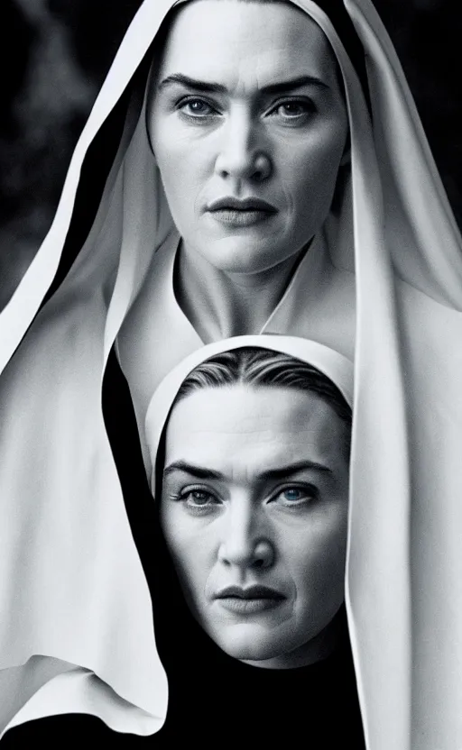 Image similar to kate winslet as a nun in her childhood days, intricate, cinematic lighting, highly detailed, canon 3 5 mm photography, horizontal symmetry, smooth, sharp focus