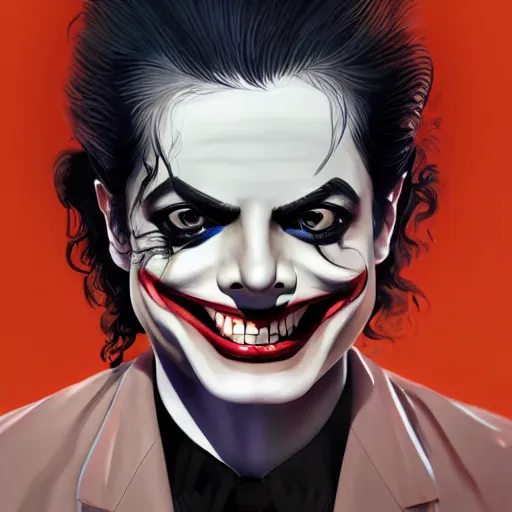 Image similar to michael jackson as the joker laugh on camera. symmetrical anatomy, hyperdetailed, coloured comic, baroque, pop punk art style, fantasy, without duplication, art by ilya kuvshinov and vinicius gud and gustavo zambelli, intricate, trending artstation, dribble popular.