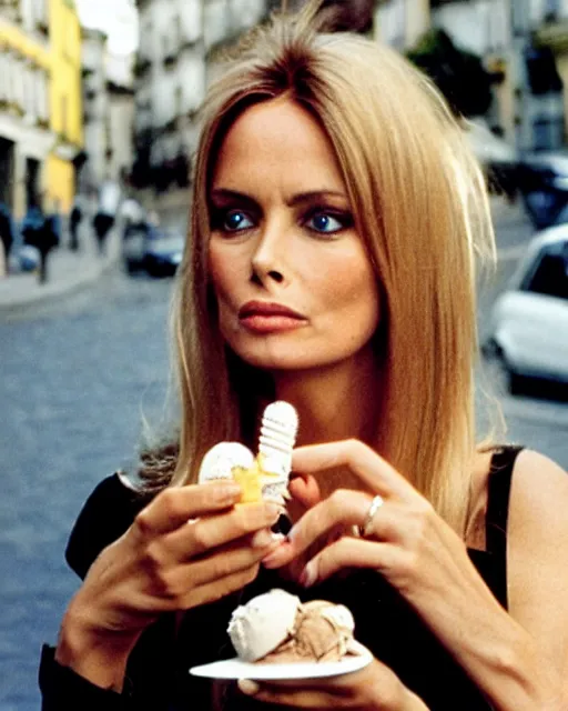 Prompt: portrait of a blonde barbara bach from the bond film eating ice creams in porto