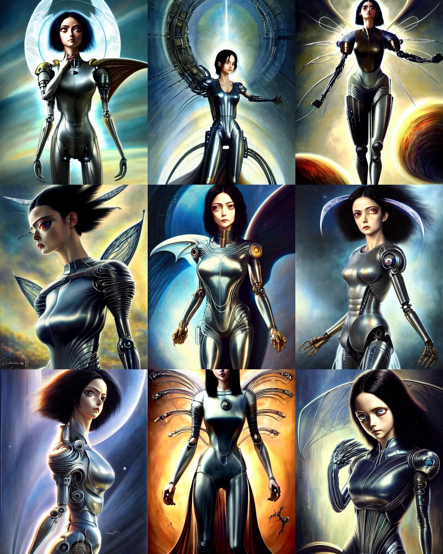 Image similar to karol bak and tom bagshaw and noriyoshi ohrai full body character portrait of alita battle angel as galadriel!, floating in a powerful zen state, supermodel! face!, beautiful and ominous, wearing combination of mecha and bodysuit made of wires and silk, machinery enveloping nature in the background, scifi character render