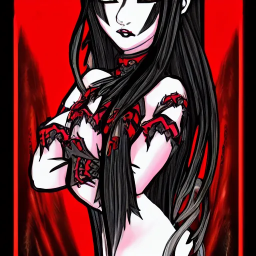 Image similar to rpg style portrait of a demon girl where a black and red dress