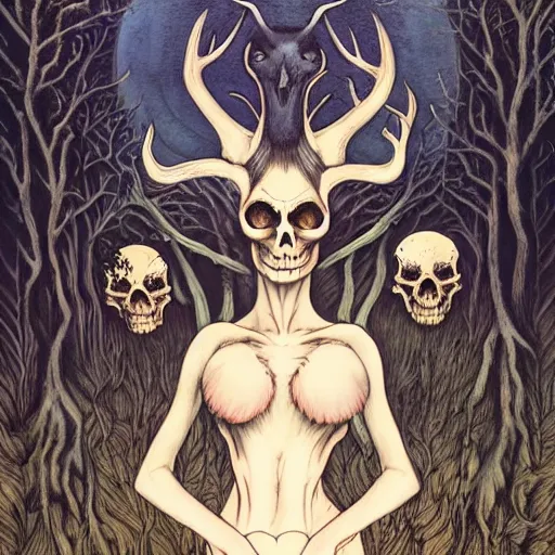 Image similar to an epic horrific wiccan gothic painting of a mother - nature witch cult woman wearing a deer skull, in a moonlit forest by gerald brom by junji ito by vanessa lemen by charlie bowater