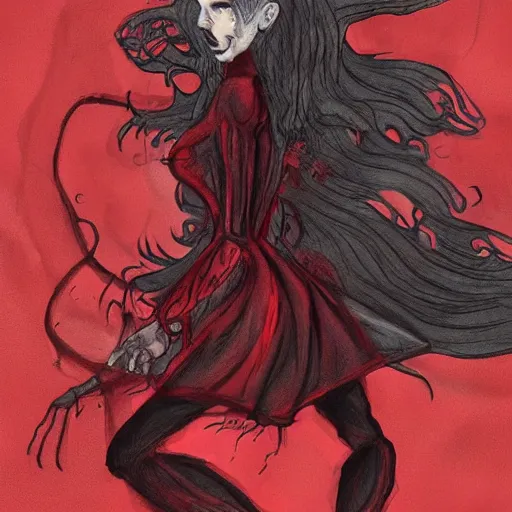 Prompt: the fall of a super confused demon girl in hell with a dark red dress!! full dressed!!, oppressive amotsphere with many shadows, blood and dark red highlights, concept fullbody horror art by aleksandra waliszewska and aoi ogata