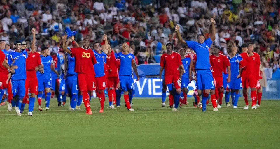 Prompt: television broadcast of professional soccer game, players wearing capes, tv