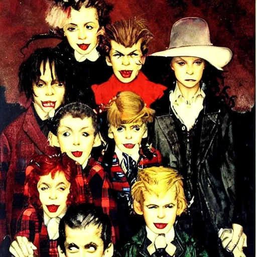 Prompt: Group portrait of a small punk vampire gang. Painting by Norman Rockwell.