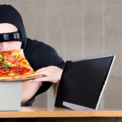 Image similar to Stock photo of a human burglar wearing a ski mask using a pizza box like a laptop, funny, bizzare