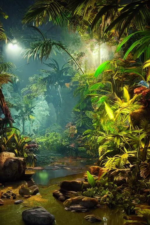 Image similar to Amazonian neon jungle at night with rocks and water puddle on the floor and exotic animals hidden in the foliages, unreal 5, hyperrealistic, realistic, photorealistic, dynamic lighting, highly detailed, cinematic landscape, studio landscape, studio lighting