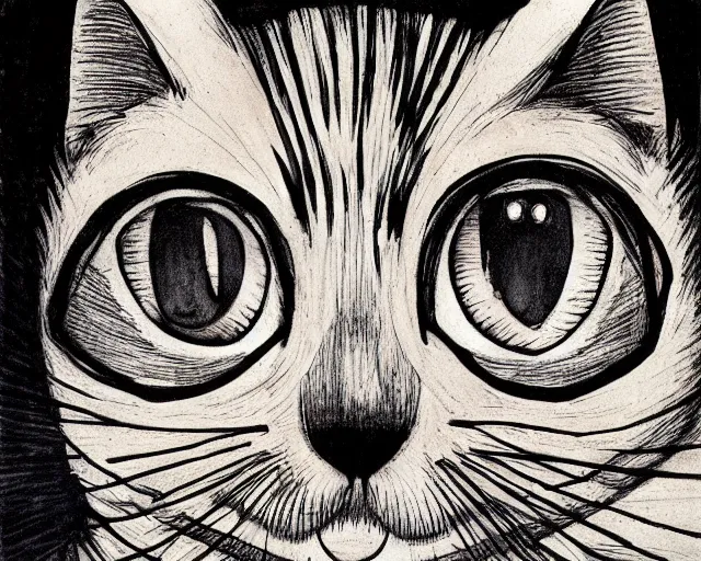 Image similar to cat with huge head, artwork by junji ito