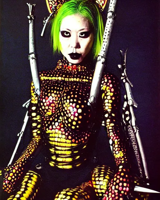 Image similar to portrait of a skinny punk goth yayoi kusama wearing armor by simon bisley, john blance, frank frazetta, fantasy, thief warrior, colorful cats