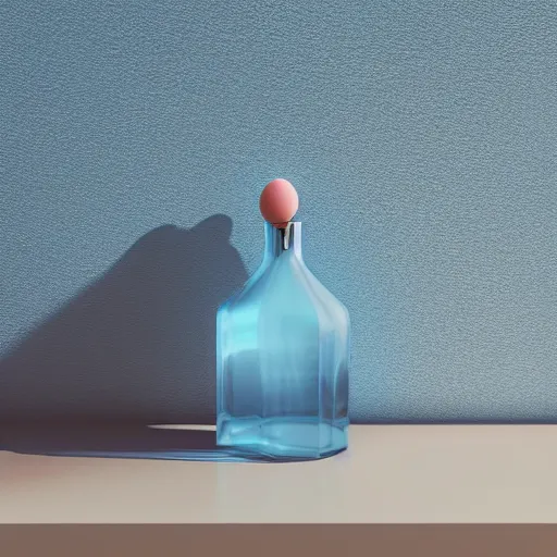 Prompt: perfume bottle on window sill in a pastel clean modern minimalist room with a view of the beach and blue skies in an easter - blue room well contoured smooth fair walls, up close shot, sharp focus, zen, clean, modern minimalist, octane highly render, 4 k, ultra hd,