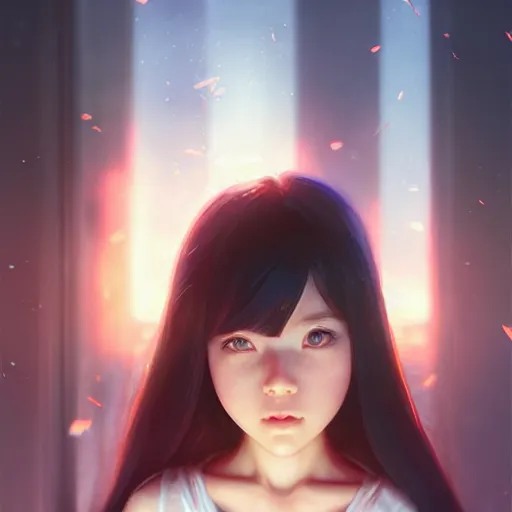 Image similar to very small little girl by ross tran, touching their reflection sana takeda, rtx reflections, very high intricate details, digital anime art by artgerm, medium shot, mid - shot, composition by ilya kuvshinov, lighting by greg rutkowski