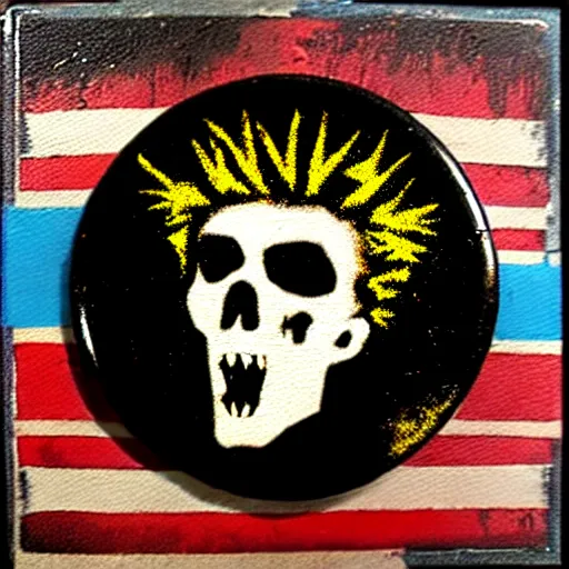 Image similar to painting on a badge!!!!, punks not dead!!!!, exploited!!, clash, junk yard, rats!!, god save the queen!!!, punk rock album cover art style, grunge, no future!!!!, glitch effect