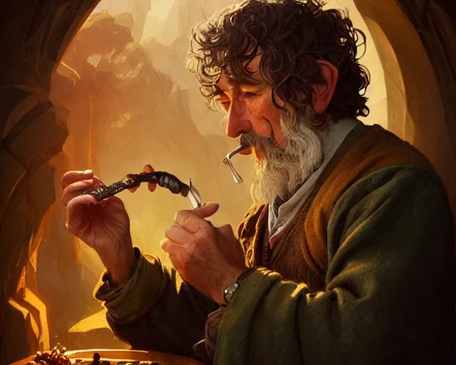 Image similar to old hobbit smoking a pipe, deep focus, d & d, fantasy, intricate, elegant, highly detailed, digital painting, artstation, concept art, matte, sharp focus, illustration, hearthstone, art by artgerm and greg rutkowski and alphonse mucha