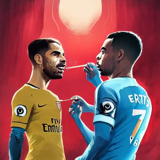 Image similar to mikel arteta spoon feeding gabriel jesus at the emirates, style of by jordan grimmer and greg rutkowski, crisp lines and color,