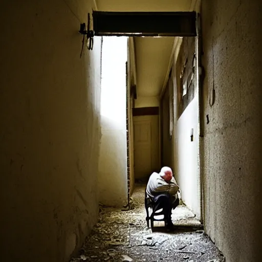 Image similar to an smiling old man peeking down an abandoned hallway